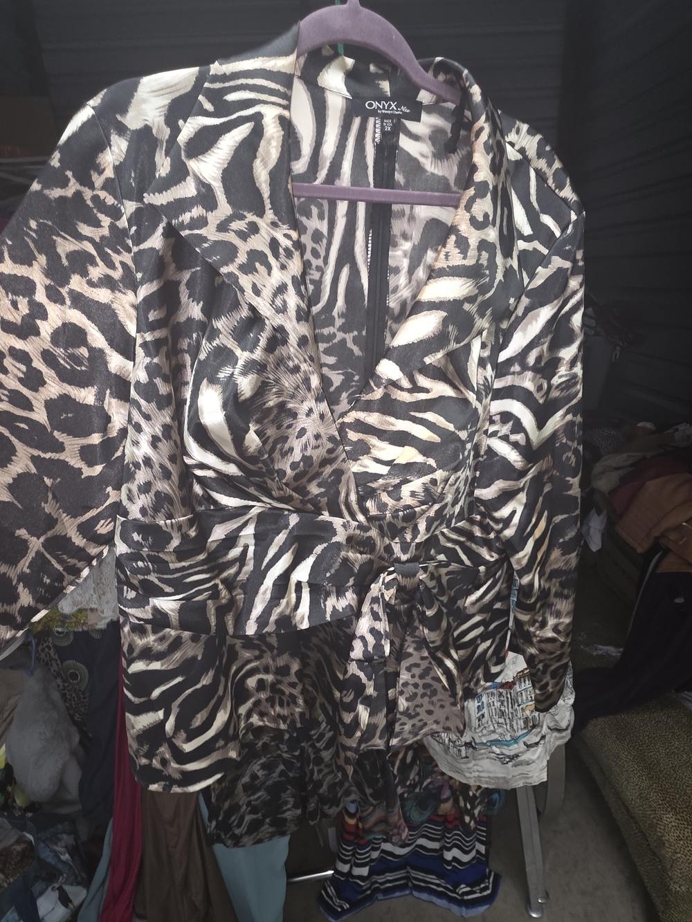 Onyx Animal Print Satin Wrap Blouse - Black & Cream